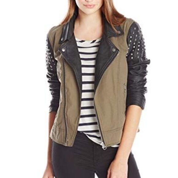 Volcom Jackets & Blazers - Volcom NEW Metallic Studs MOTO Jacket Faux Leather Sleeves Cotton Bomber Women's
